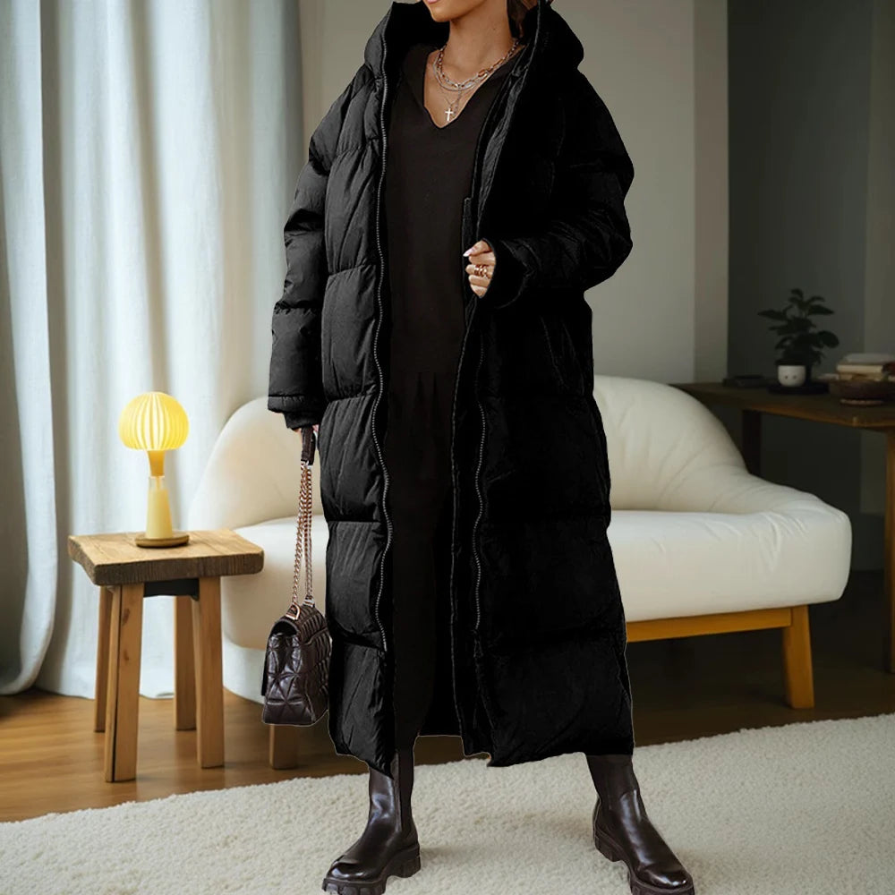 2025 Winter Solid Plus Size Hooded Long Coat Women Elegant Pocket Long Sleeve Jacket Lady Loose Large Zipper Thick Warm Outwear