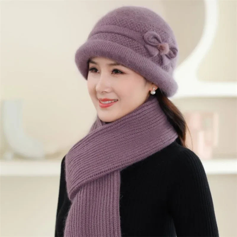 Autumn Winter Warm Fleece-Lined Knit Rabbit Hat Women's Thickened Scarf Bowl Hat Korean Trendy For Middle-Aged And Elderly