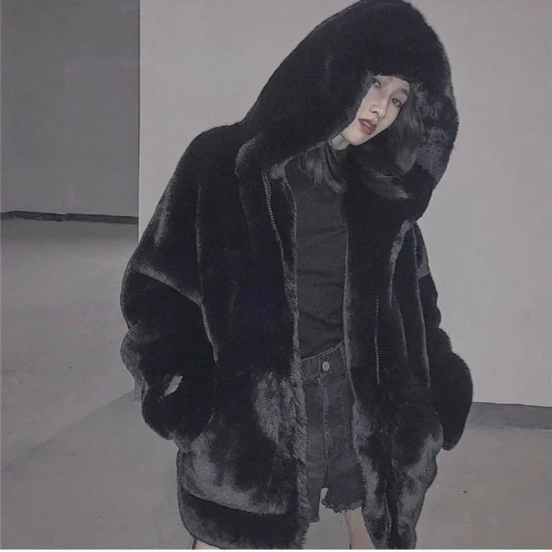 Thickened Mink Velvet Coat Women Winter Clothes Women New Korean Jacket Version Loose Imitation Rabbit Fur Plush Hooded Fur Coat