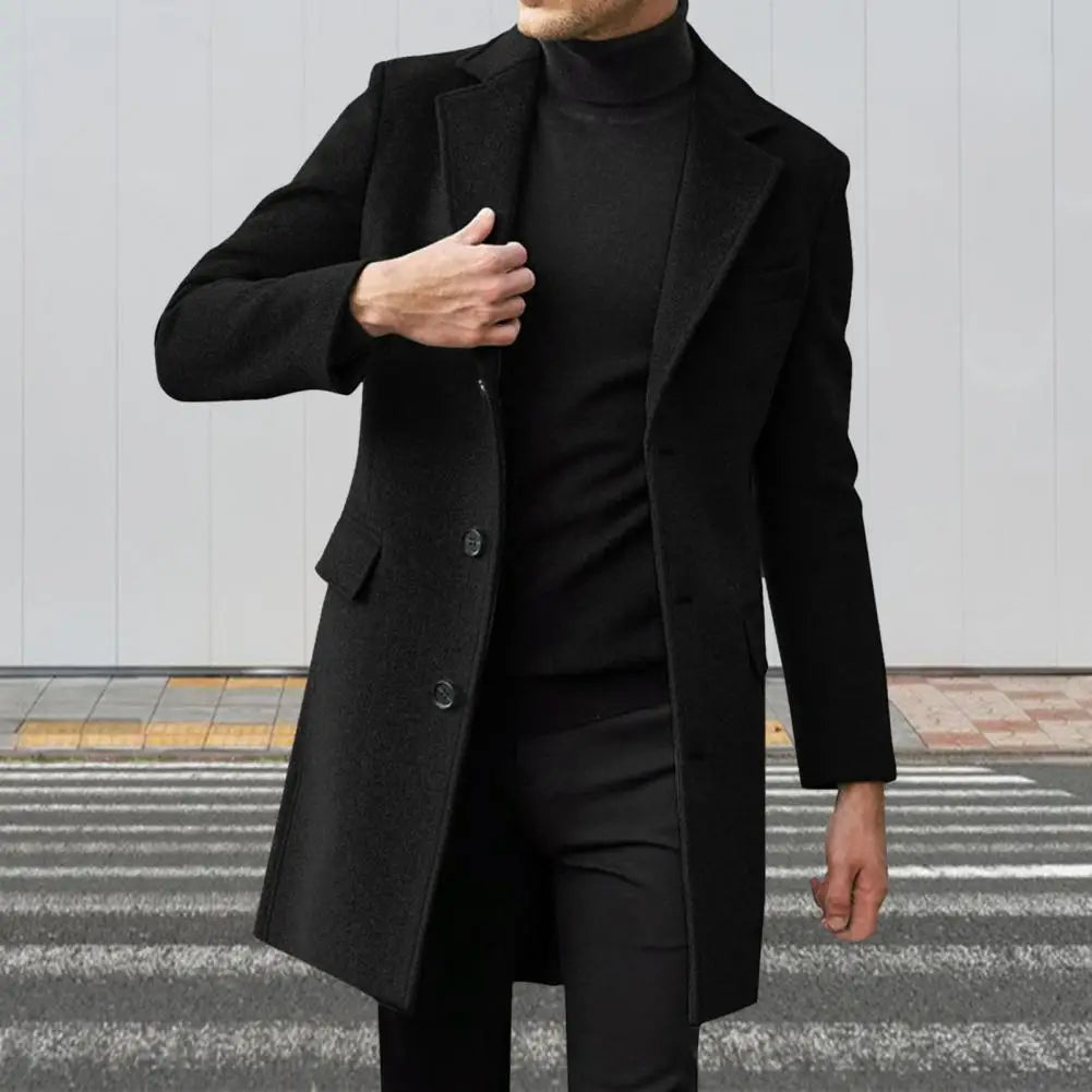 Button Closure Coat Solid Color Lapel Coat Stylish Men's Mid-length Winter Overcoat with Lapel Flap Pockets for Warmth