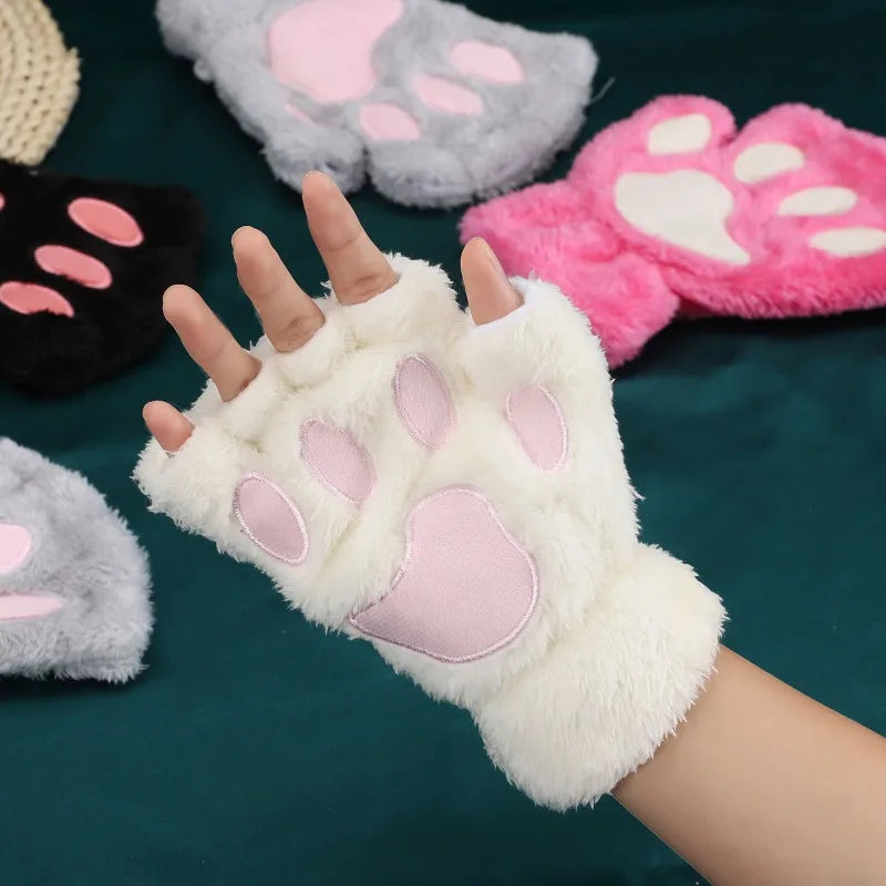 Lovely Plush Cat Claw Paw Gloves Plush Mittens Warm Soft Plush Short Fingerless Fluffy Bear Gloves Costume Half Finger Gloves