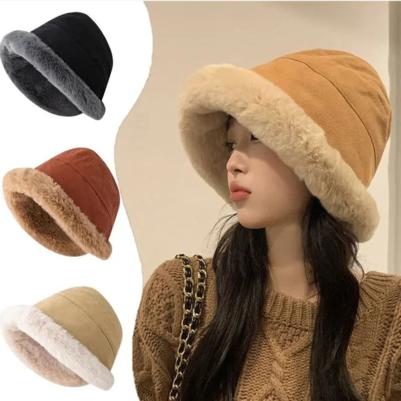 Women Winter Furry Bucket Hat Rolled Brim Faux Fur Cloche Hat with Fleece Lining Autumn And Winter Windproof Warm Hat