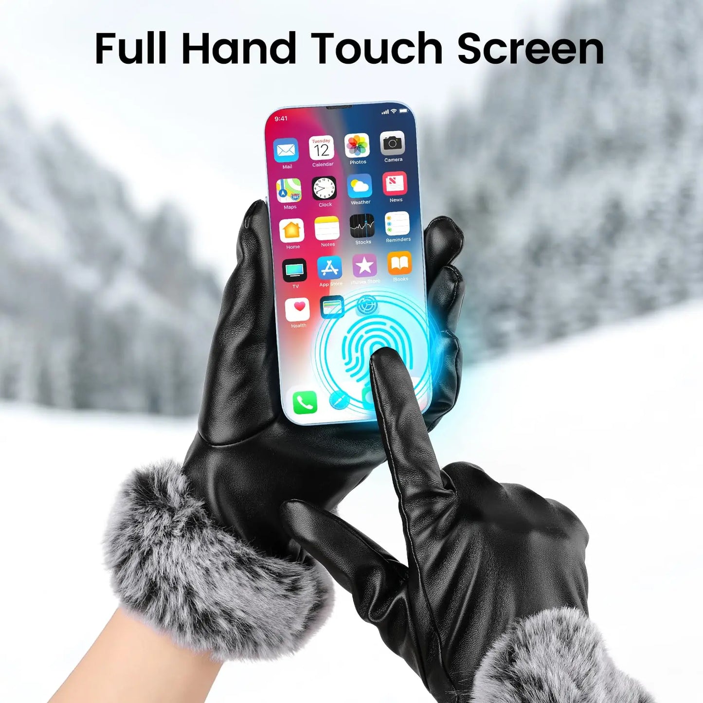 Fashion Winter Gloves Women Black Waterproof Faux PU Leather Cashmere Warm Gloves Driving Mittens Touch Screen Gloves