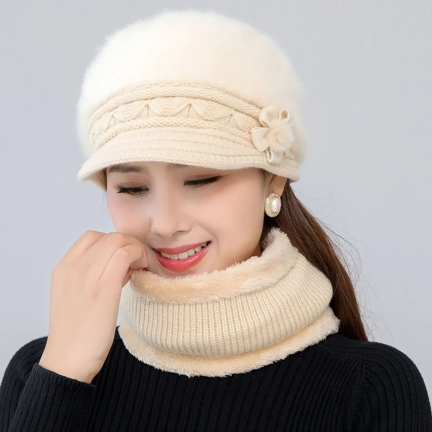 2024 Hot Women Winter Hat Keep Warm Cap Fur Lined Hat And Scarf Set Warm Hats For Female Casual Rabbit Fur Winter Knitted Hat