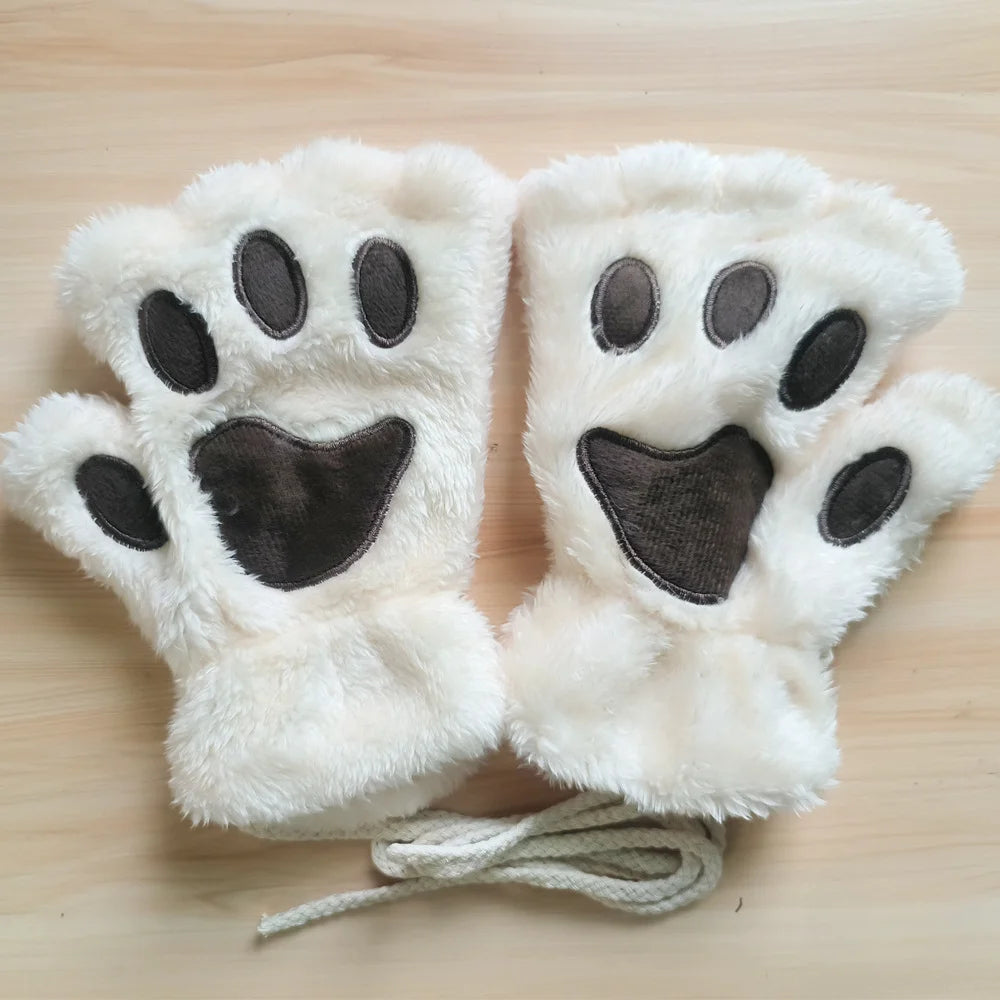 Lovely Plush Cat Claw Paw Gloves Plush Mittens Warm Soft Plush Short Fingerless Fluffy Bear Gloves Costume Half Finger Gloves