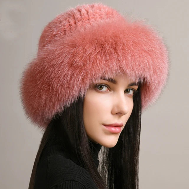 New Genuine Real Natural Knitted Mink Fur Hat Cap Luxury Women Handmade Knit Fashion Winter Headwear Warm Real Fox Fur Beanies