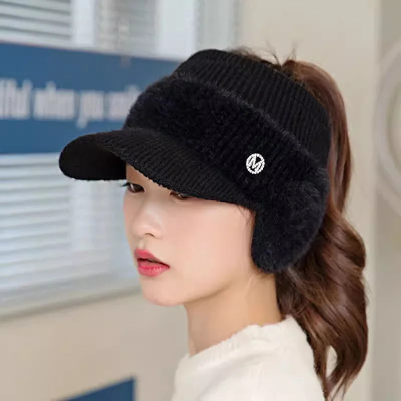 Winter Hat for Women 2024 New Fashion Winter Warm Ear Wing Knitted Cap Baseball Cap Outdoor Sports Windproof Ponytail Hat Visor