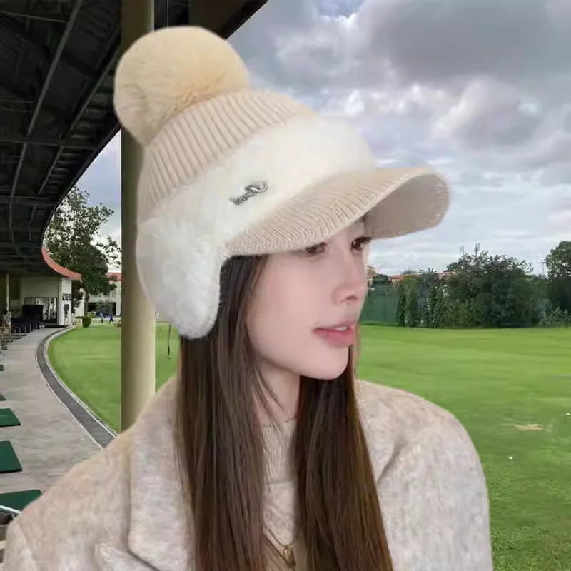 Winter Hat for Women 2024 New Fashion Winter Warm Ear Wing Knitted Cap Baseball Cap Outdoor Sports Windproof Ponytail Hat Visor