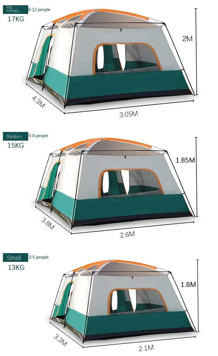 Portable Thickened Camping Tent for Family, Outdoor Large Tent, Rainproof and Waterproof, 2-Person, One Hall, 3-12 Person