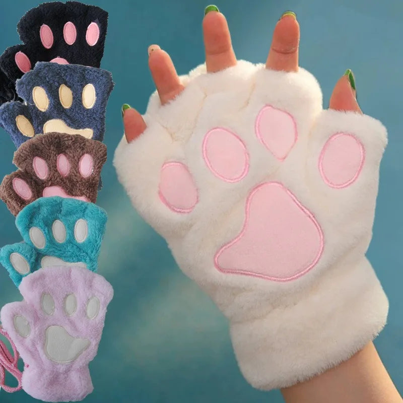 Lovely Plush Cat Claw Paw Gloves Plush Mittens Warm Soft Plush Short Fingerless Fluffy Bear Gloves Costume Half Finger Gloves