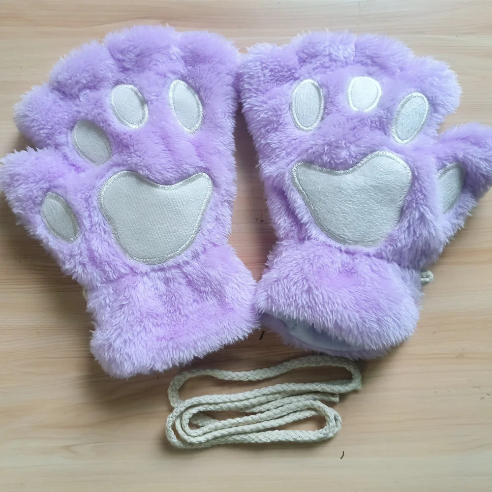 Lovely Plush Cat Claw Paw Gloves Plush Mittens Warm Soft Plush Short Fingerless Fluffy Bear Gloves Costume Half Finger Gloves