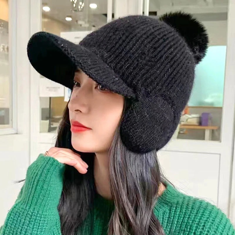 Knitted Earflap Hat Winter Warm For Women's Solid Color Pompom Ear Protection Baseball Cap Female Outdoor Cycling Earmuff Caps