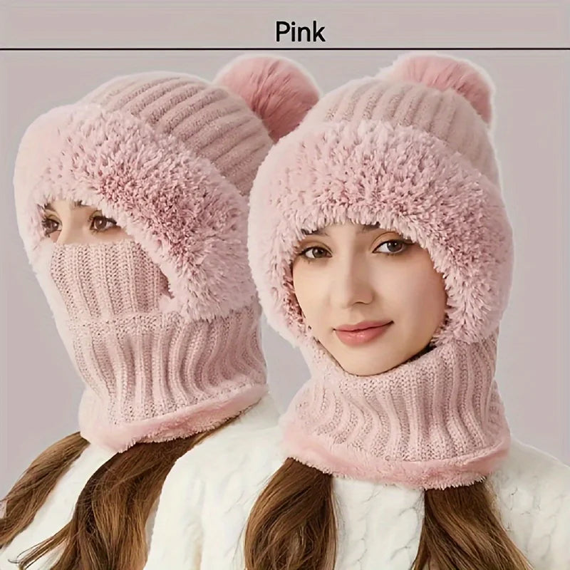 Winter Warm Cycling Hat Face Mask Cold-proof Thermal knitting Plush Balaclava Hat Hooded Neck Warmer Outdoor Hike Cycling Cap