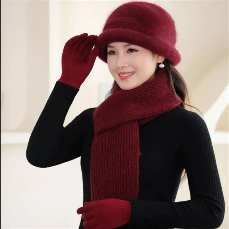 Autumn Winter Warm Fleece-Lined Knit Rabbit Hat Women's Thickened Scarf Bowl Hat Korean Trendy For Middle-Aged And Elderly