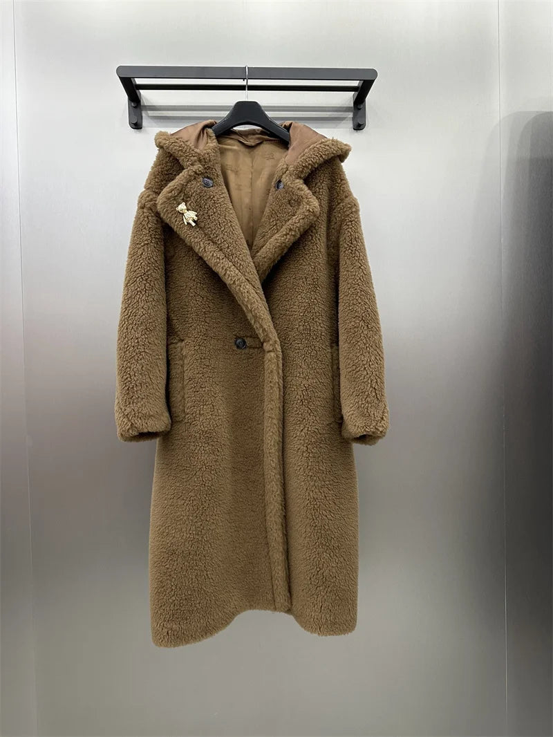 Max Teddy Coat 62% Alpaca 26% Wool 12% Silk Coat Winter Thicken Women's Coat With Hood