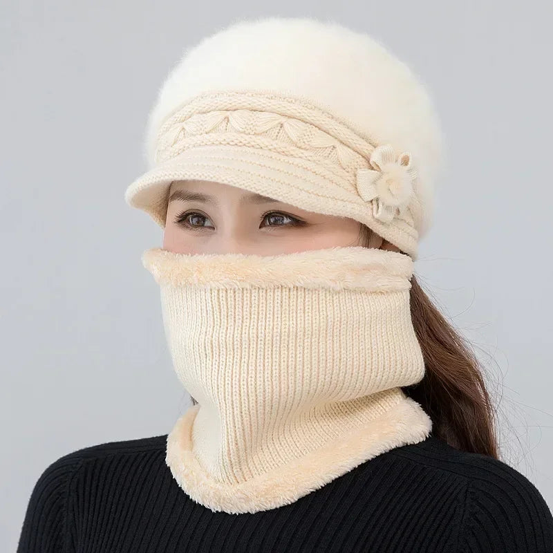 2024 Hot Women Winter Hat Keep Warm Cap Fur Lined Hat And Scarf Set Warm Hats For Female Casual Rabbit Fur Winter Knitted Hat