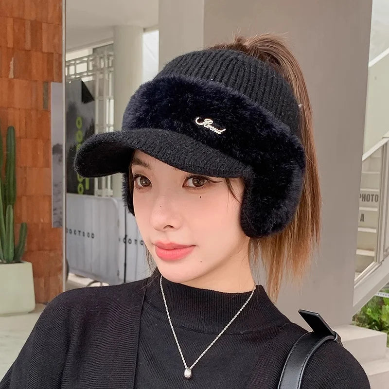 Winter Hat for Women 2024 New Fashion Winter Warm Ear Wing Knitted Cap Baseball Cap Outdoor Sports Windproof Ponytail Hat Visor