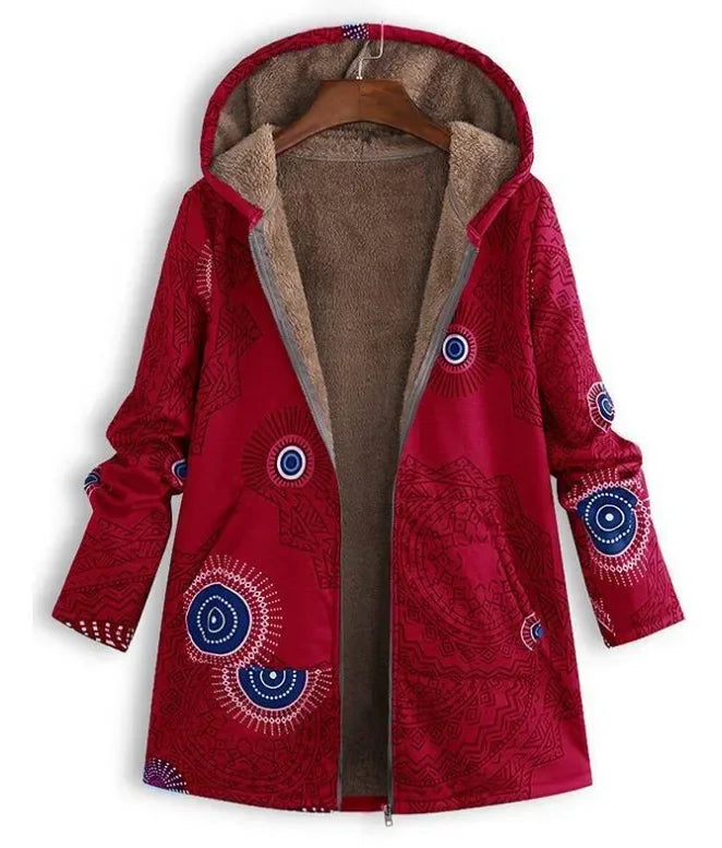 Women's Floral Jacket Large Size Warm Plush Retro Jacket Oversized Hooded Jacket Coats and Jackets Women Zip Hooded Coat