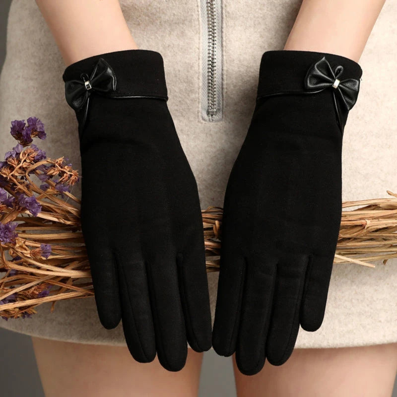 New Women Keep Warm Touch Screen Plus Velvet Inside Thicken Windproof Cycling Cute Lovely Bowknot Elegant Elasticity Soft Gloves