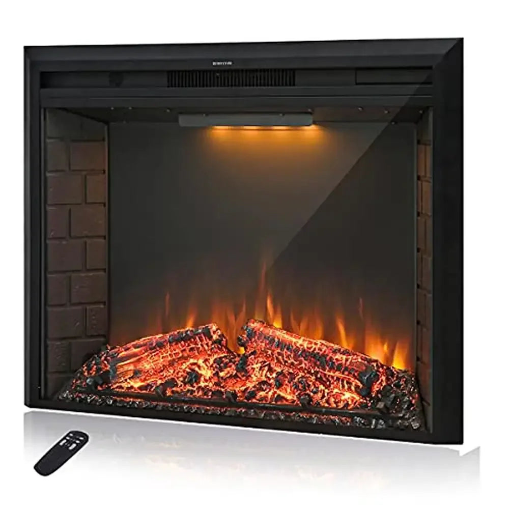 Electric Fireplace Insert Retro Recessed Heater Fire Cracking Sound Remote Control Timer 750/1500W Brick Wall Style Black.