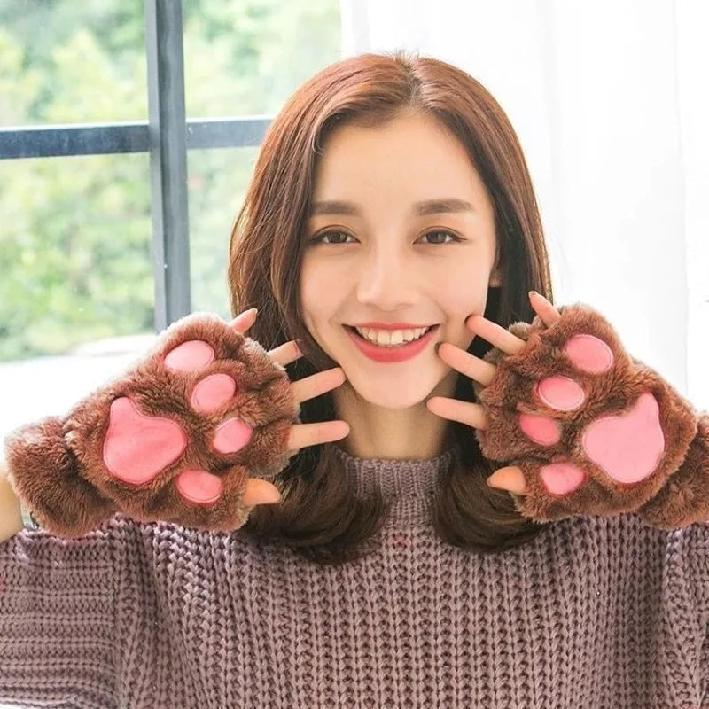 Lovely Plush Cat Claw Paw Gloves Plush Mittens Warm Soft Plush Short Fingerless Fluffy Bear Gloves Costume Half Finger Gloves