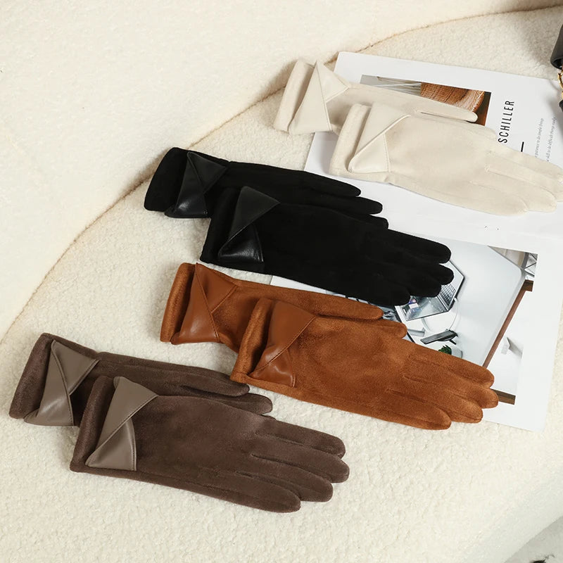 Warm Gloves with Velvet, Suitable for Women to Use in Winter, Touch Screen Elegant Bow Accessories, Cycling and Driving Gloves