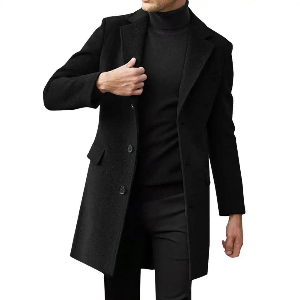 Button Closure Coat Solid Color Lapel Coat Stylish Men's Mid-length Winter Overcoat with Lapel Flap Pockets for Warmth