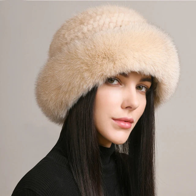 New Genuine Real Natural Knitted Mink Fur Hat Cap Luxury Women Handmade Knit Fashion Winter Headwear Warm Real Fox Fur Beanies