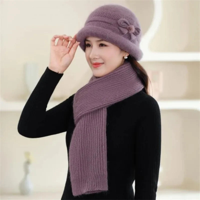 Autumn Winter Warm Fleece-Lined Knit Rabbit Hat Women's Thickened Scarf Bowl Hat Korean Trendy For Middle-Aged And Elderly