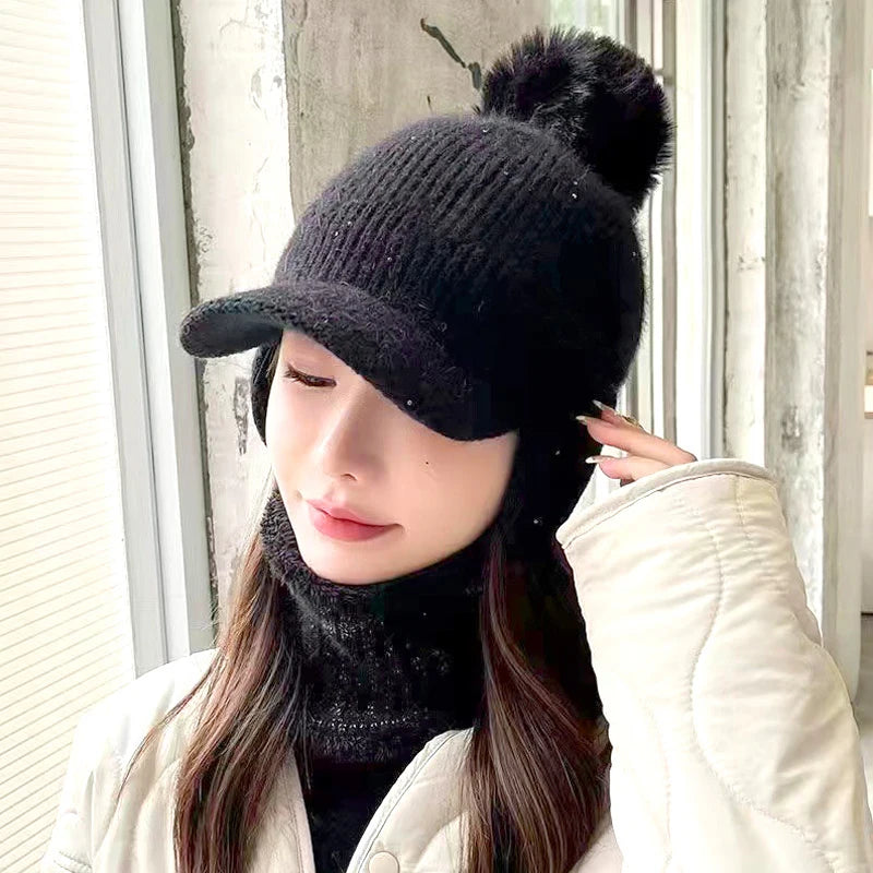 Knitted Earflap Hat Winter Warm For Women's Solid Color Pompom Ear Protection Baseball Cap Female Outdoor Cycling Earmuff Caps