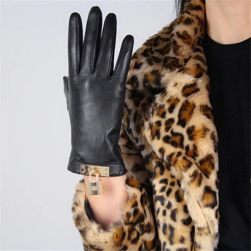 New Women's Ladies Real Leather Black Gloves Touch Screen Sheepskin Gloves With Lock Design