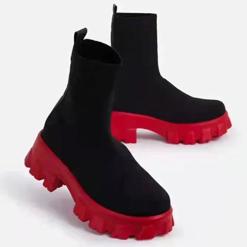 2024 Autumn Winter Couple Shoes Women Thick-Soled Casual Large Size Red Knitted Short Boots Fashion Women Boots Size 36-43