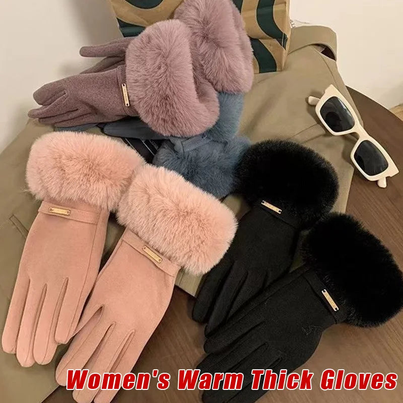 Women Touchscreen Gloves-Soft Double-Layered Faux Rabbit Fur For Ultimate Cold Weather Protection,Windproof,Water-Resistant