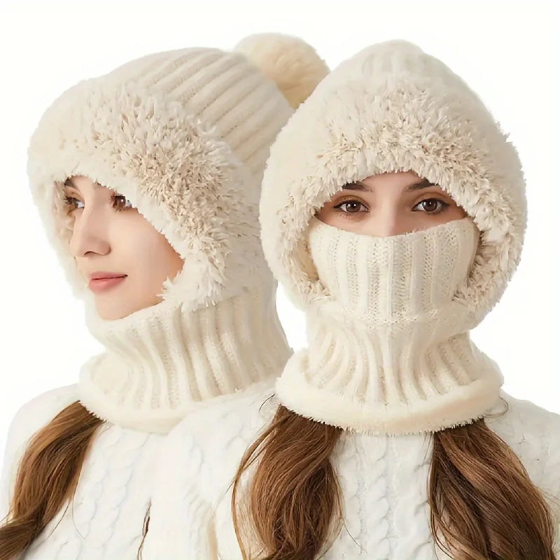 Winter Warm Cycling Hat Face Mask Cold-proof Thermal knitting Plush Balaclava Hat Hooded Neck Warmer Outdoor Hike Cycling Cap