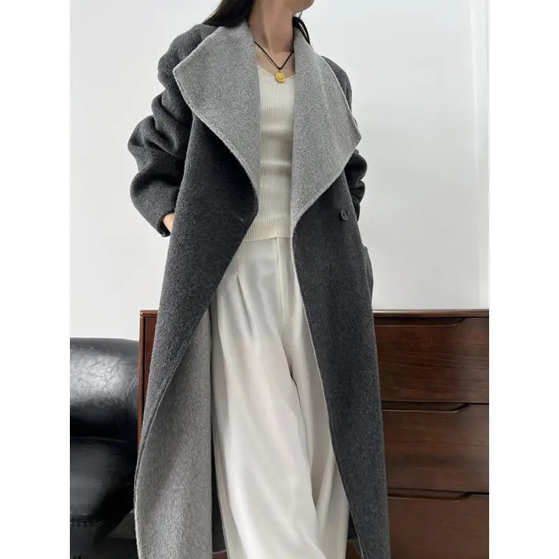 Wear It On Both Sides Lady Woolen Jackets 2024 Autumn And Winter Bathrobe Style Large Lapel Lace Up Tie Women's Long Wool Coats