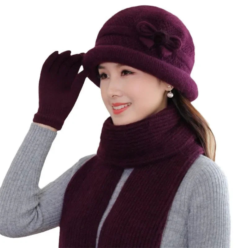 Autumn Winter Warm Fleece-Lined Knit Rabbit Hat Women's Thickened Scarf Bowl Hat Korean Trendy For Middle-Aged And Elderly