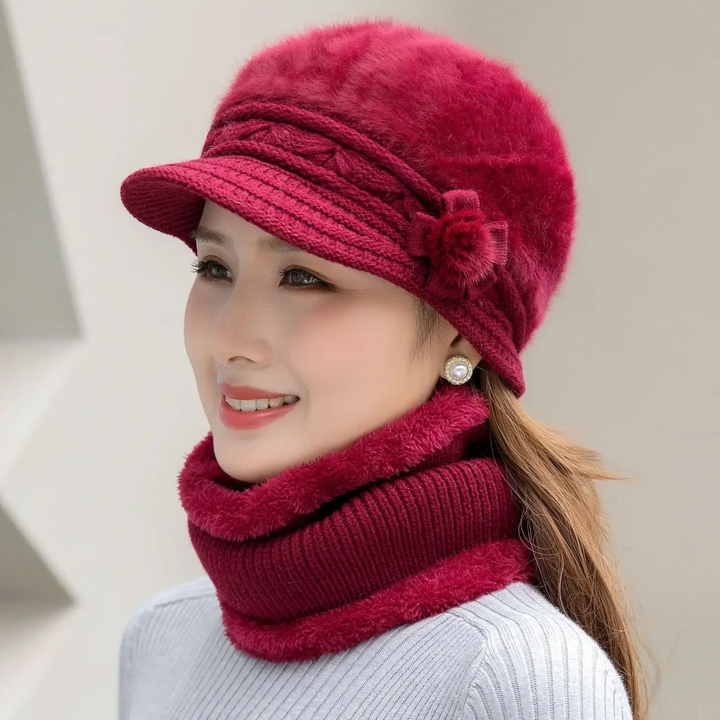 2024 Hot Women Winter Hat Keep Warm Cap Fur Lined Hat And Scarf Set Warm Hats For Female Casual Rabbit Fur Winter Knitted Hat