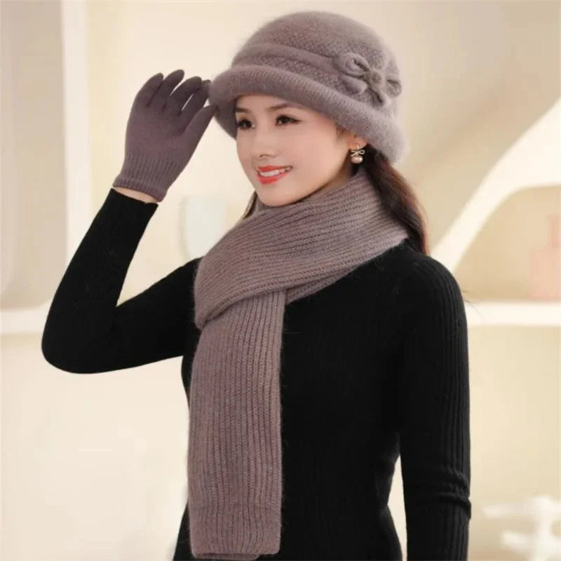 Autumn Winter Warm Fleece-Lined Knit Rabbit Hat Women's Thickened Scarf Bowl Hat Korean Trendy For Middle-Aged And Elderly