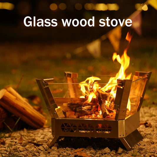 Outdoor Wood Burning Stove Camping Grill Glass Campfire Rack Portable Firewood Square Stove Wood Burner Wood Heater Travel Tools