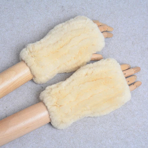 New Women 100% Real Genuine Knitted Rex Rabbit Fur Mittens Winter Warm Lady Real Fur Fingerless Gloves Handmade Knit Fur Mitten