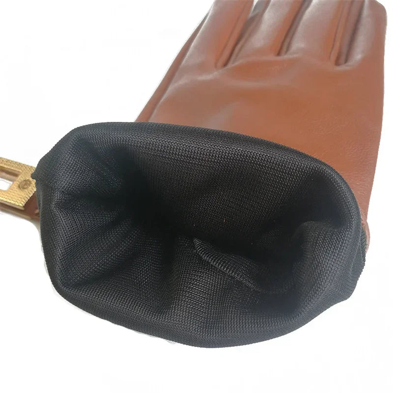 New Women's Ladies Real Leather Black Gloves Touch Screen Sheepskin Gloves With Lock Design