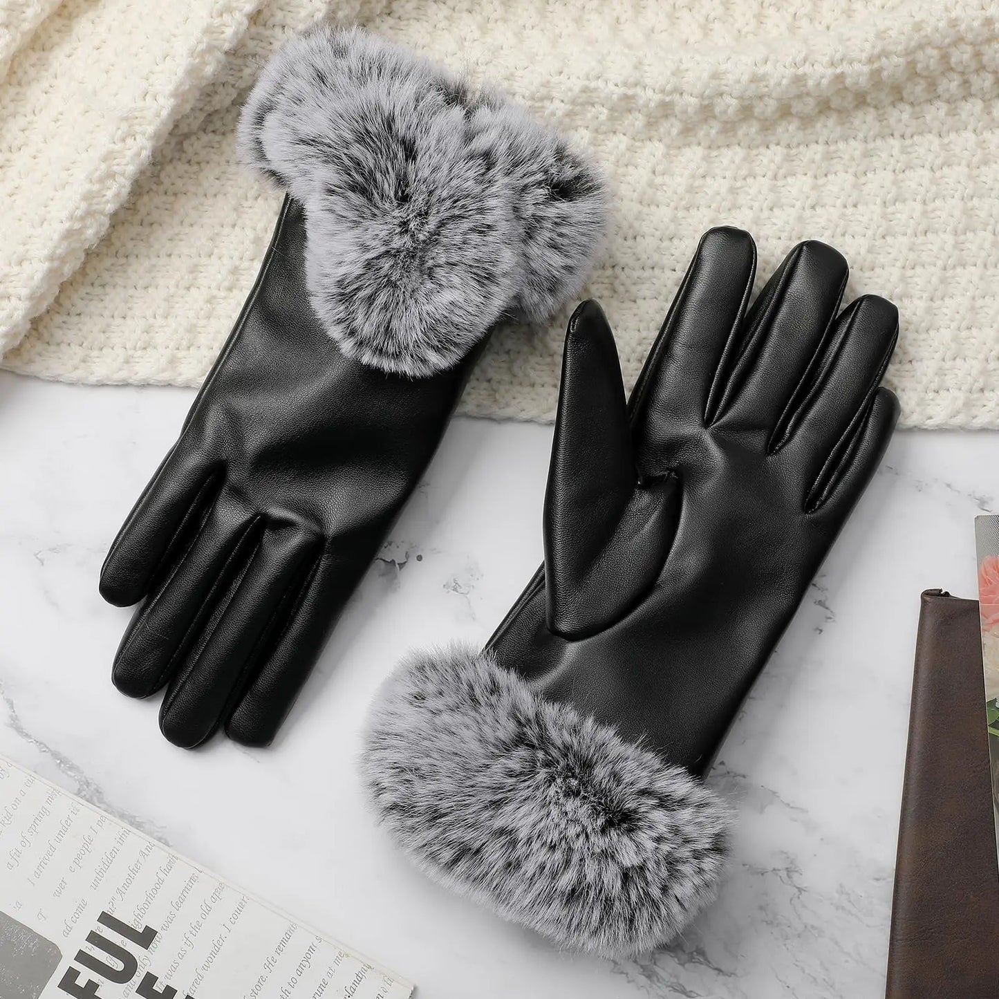 Fashion Winter Gloves Women Black Waterproof Faux PU Leather Cashmere Warm Gloves Driving Mittens Touch Screen Gloves