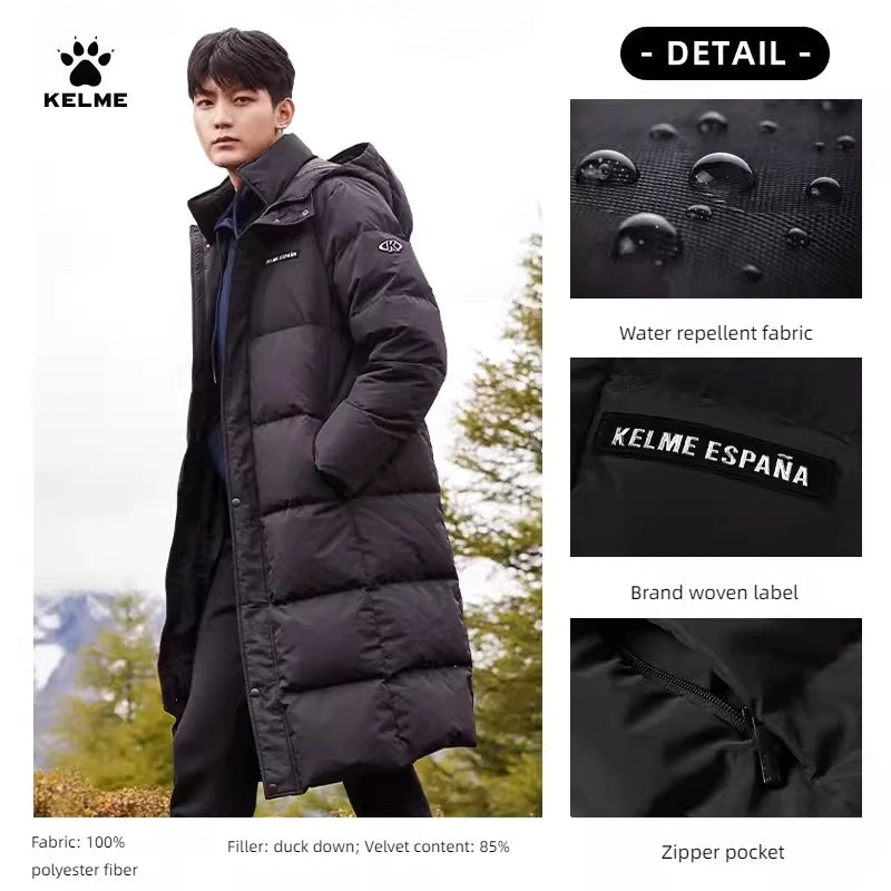 Kelme Long Down Men Winter Jacket Hooded Warm Windproof Couple Camping Equipment Paragraph Down Coat Jacket Women Утепленный