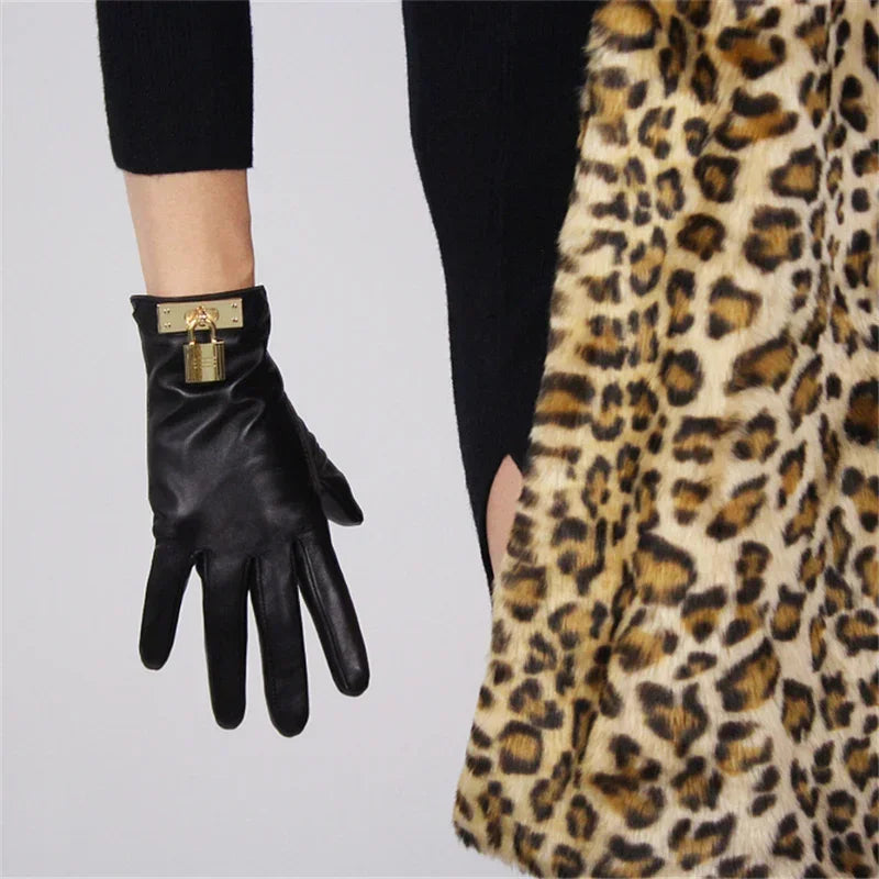 New Women's Ladies Real Leather Black Gloves Touch Screen Sheepskin Gloves With Lock Design