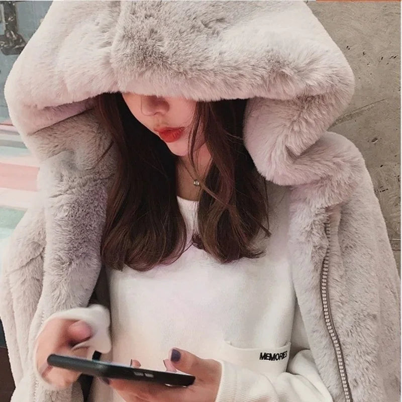 Thickened Mink Velvet Coat Women Winter Clothes Women New Korean Jacket Version Loose Imitation Rabbit Fur Plush Hooded Fur Coat