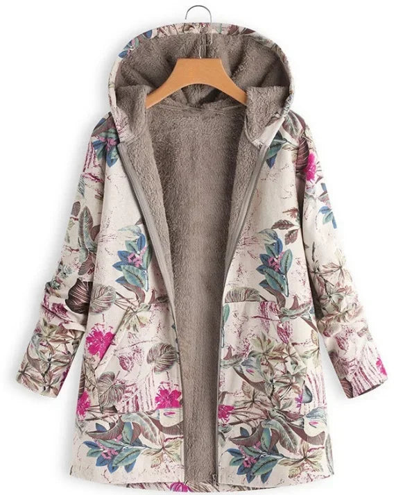 Women's Floral Jacket Large Size Warm Plush Retro Jacket Oversized Hooded Jacket Coats and Jackets Women Zip Hooded Coat