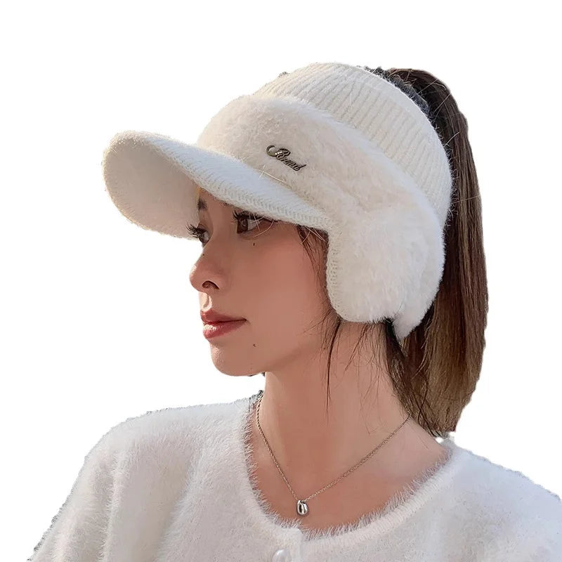 Winter Hat for Women 2024 New Fashion Winter Warm Ear Wing Knitted Cap Baseball Cap Outdoor Sports Windproof Ponytail Hat Visor