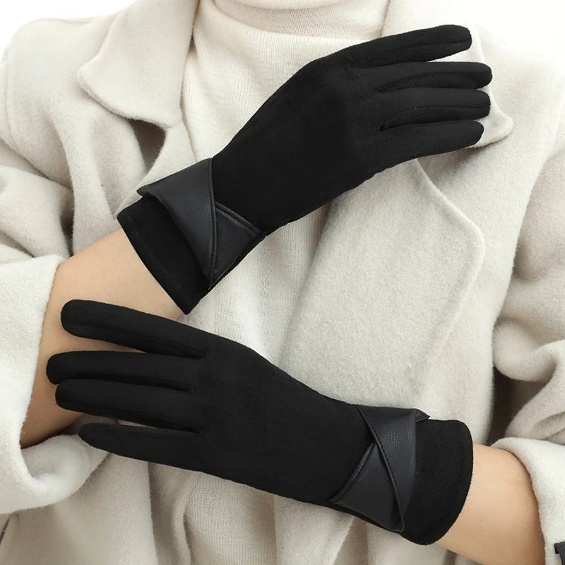 Warm Gloves with Velvet, Suitable for Women to Use in Winter, Touch Screen Elegant Bow Accessories, Cycling and Driving Gloves